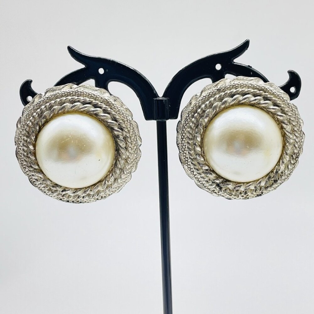 Vintage Silver Tone Earrings Rope Frame Faux Pearl Clip On Statement